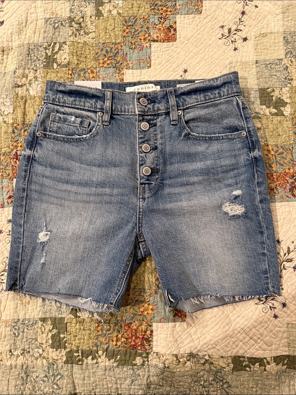 eunina Women's Distressed Button-Fly Denim Shorts in Light Blue Wash